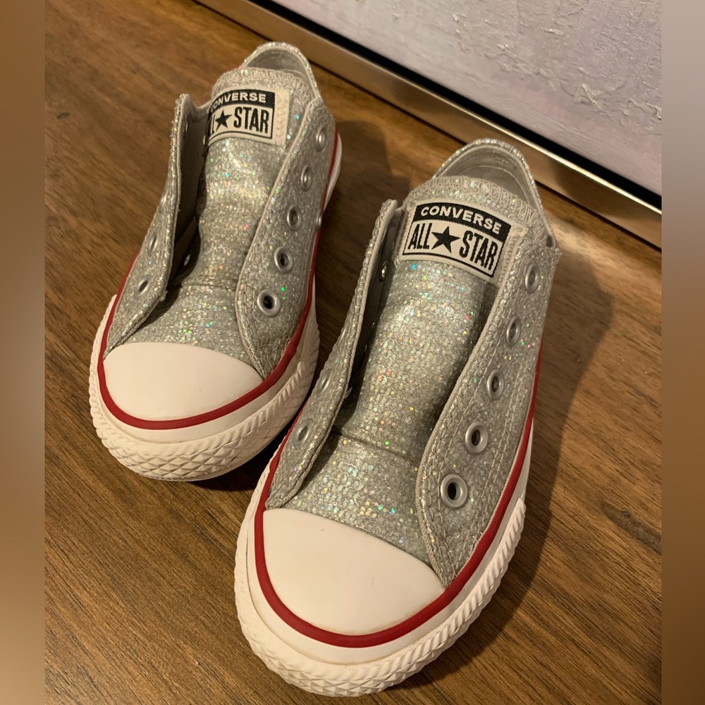 Kids Sparkly Silver Converse Shoes Size 11